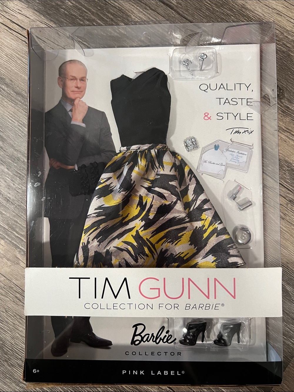 Barbie Tim Gunn Black Top with Yellow, Gray & White Patterned Skirt
